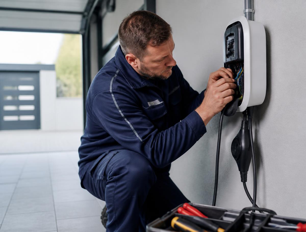 Elektriker montiert eine Wallbox in Graz – typischer Elektro-Auftrag für Handwerksbetriebe